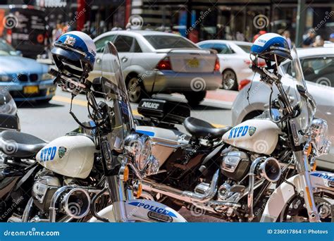 NYPD Patrol Motorcycles Parked on the New York City Near Time Square ...