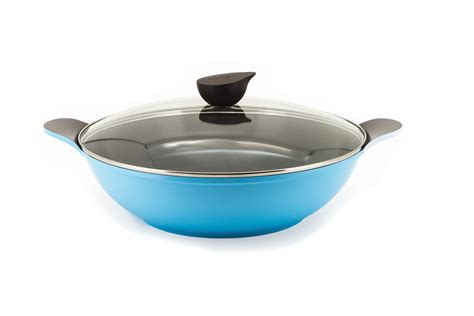 Amie 36cm Cyan Blue Induction Wok Pan with 2 handles & Glass lid. 100% ...