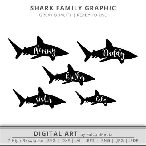 shark family graphic with the word daddy and five sharks in black ink on white paper