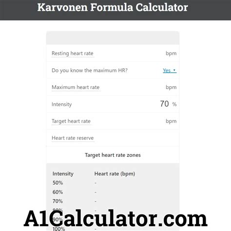 Karvonen Formula Calculator Free Online - A1Calculator