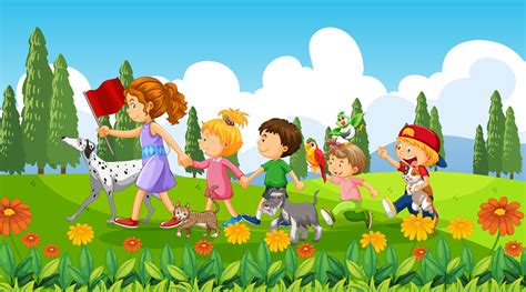 Children walking with their animals at the park 4552404 Vector Art at ...