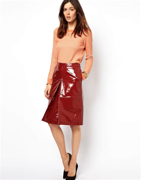 Asos A-Line Midi Skirt In Patent Leather in Red | Lyst