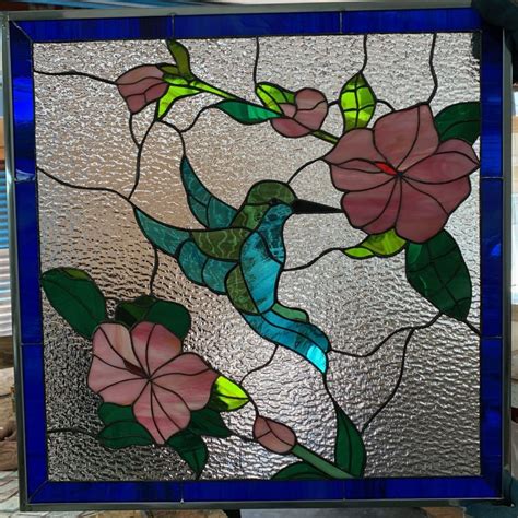 Hibiscus Feeding Hummingbird Leaded Stained Glass Window Panel