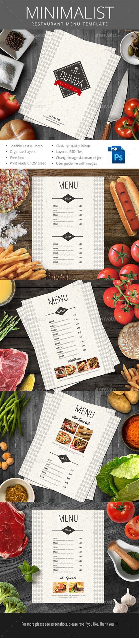 Minimalist Restaurant Menu file features : Size 8.511 Inches Bleed area CMYK / 300 dpi Easy to ...