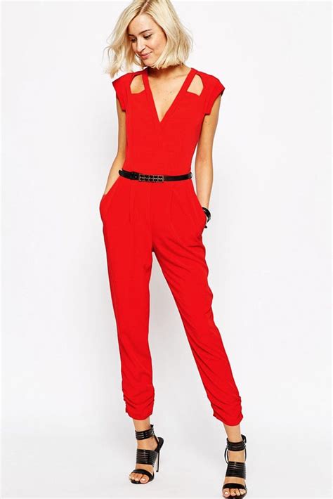 Red Cut out Wrap Front Belted Jumpsuit