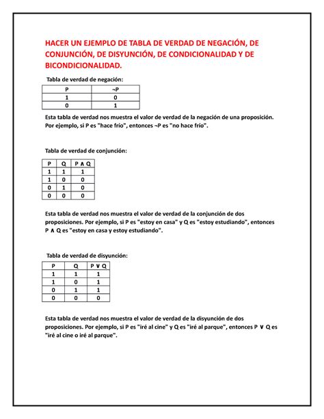 Tablas DE Verdad - nada - HACER UN EJEMPLO DE TABLA DE VERDAD DE NEGACIÓN, DE CONJUNCIÓN, DE ...