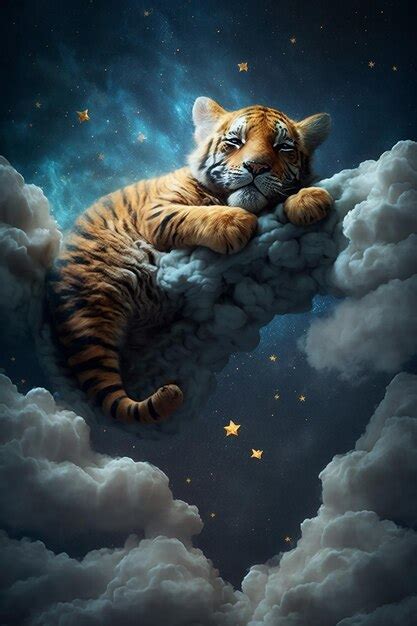 Premium AI Image | Adorable baby tiger animal sleeping on the cloud