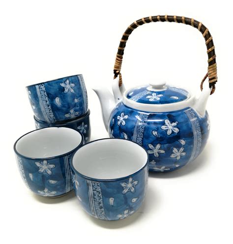 TJ Global Chinese Japanese Porcelain Tea Set with Blue Flower Design, 100% Handmade Traditional ...