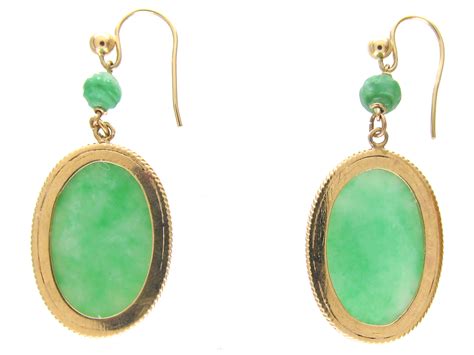 Oval 18ct Gold & Jade Drop Earrings - The Antique Jewellery Company