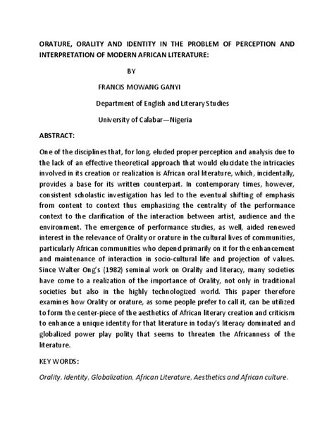 (DOC) ORATURE, ORALITY AND IDENTITY IN THE PROBLEM OF PERCEPTION AND INTERPRETATION OF MODERN ...