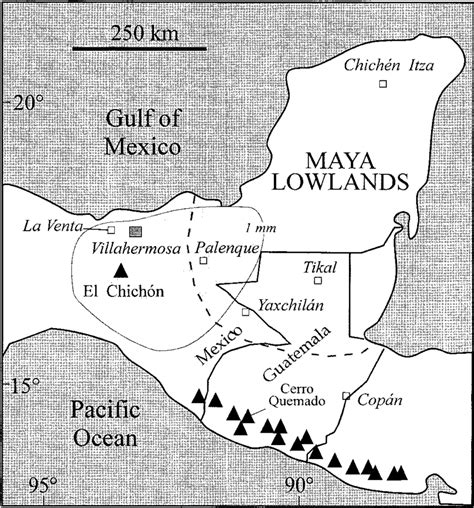 Location of El Chichón Volcano in southern Mexico. Filled triangles are ...