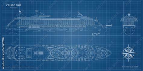 Outline blueprint of cruise ship. Side, top and front views. Contour liner. Detailed drawing of ...