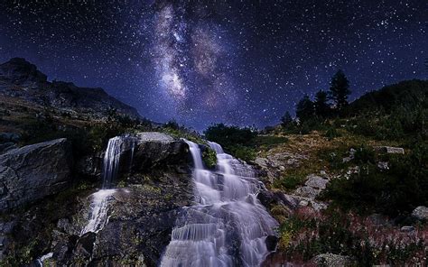 Download Star Milky Way Night Nature Waterfall HD Wallpaper