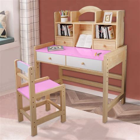 Wooden Student Desk And Chair Set With Drawers And Bookshelves ...