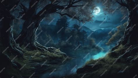 Premium AI Image | Mysterious Fantasy Dark Night of The Forest Wallpaper