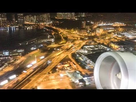 Airbus A350. Night takeoff from Hong Kong Airport. Full Engine and Wing ...