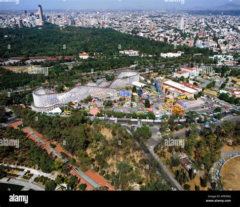 aerial above La Feria, Mexico City in Chapultepec Park an amusement park and the Technological ...