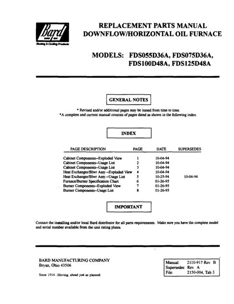 Bard Furnace Parts Manual for Models FDS055D36A, FDS075D36A, FDS100D48A ...