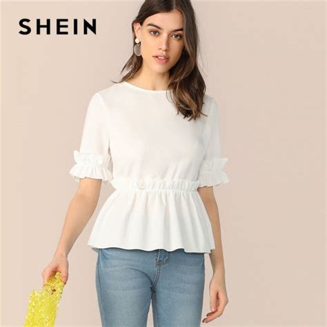 SHEIN Ruffle Trim Peplum White Blouse Women Clothes 2019 Cute Round ...