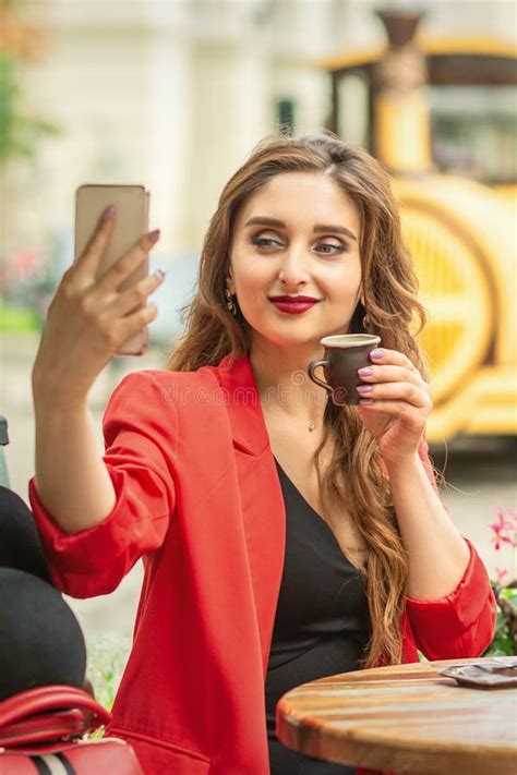 Happy Young Girl Taking Selfie at Cafe Outdoors Stock Photo - Image of girl, cheerful: 185798304