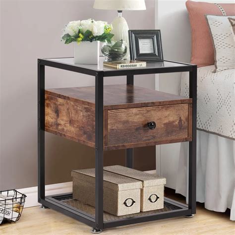 Malvina 1 - Drawer Nightstand | Glass bedside table, Side table with storage, Rustic wooden shelves