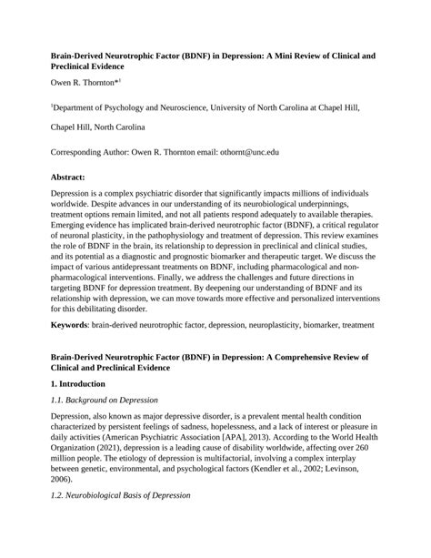 (PDF) Brain-Derived Neurotrophic Factor (BDNF) in Depression: A Mini ...