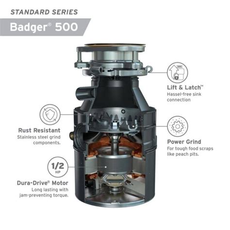 InSinkErator BADGER 500 Badger 500 Lift & Latch Standard Series 1/2 HP Continuous Feed Garbage ...