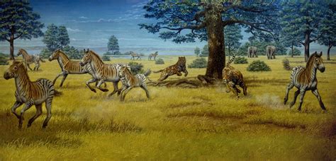 Miocene Epoch - Zebras and Giraffes Running through Grass