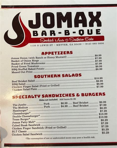 Menu at Jomax BBQ, Metter