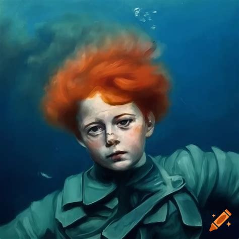 Oil painting of a red-haired soldier underwater on Craiyon