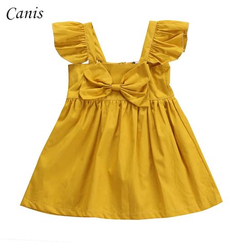 2017 Newborn Infant Cute Kids Baby Girls Yellow Dress Clothes Princess Party Bow Tutu Beach ...