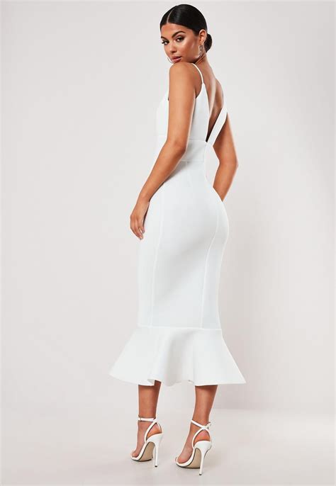 White Plunge Asymmetric Cami Scuba Midi Dress | Missguided | Classy white dress, White plunge ...