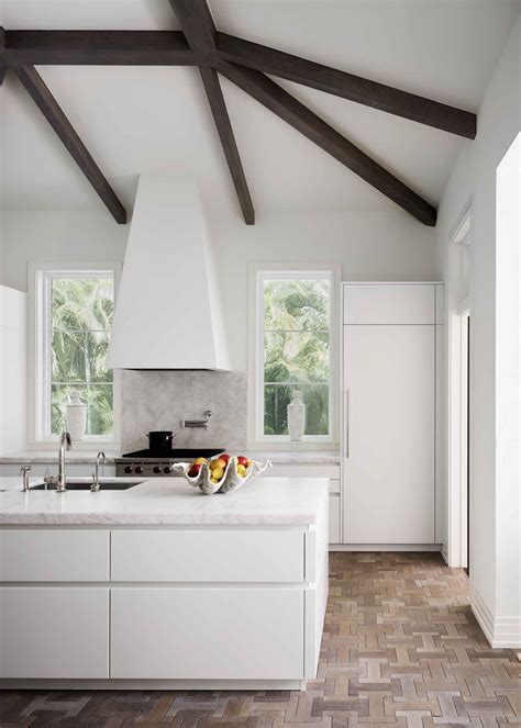 White Kitchen With Wood Beam Ceiling | Shelly Lighting