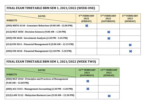 Final Exam Timetable for BBM Semester 1, 2021/2022 - ICCE