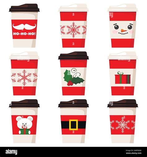 Vector flat design paper coffee or tea cups set decorated cute Merry ...