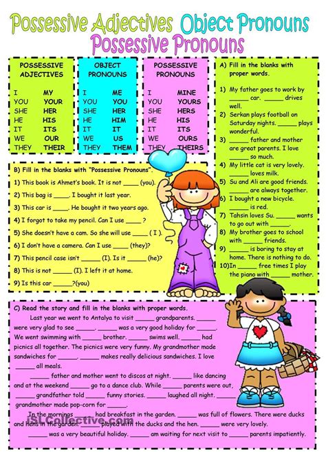 Subject&object pronouns-Possessive adjectives worksheet - Free ESL printable worksheets made by ...