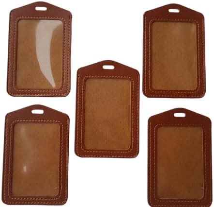 WristID PU Leather Clear ID Window ID Badge Holder Vertical ID Card Holder Brown 11x7 cm (Pack ...