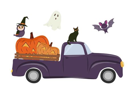 Happy Halloween Truck with Pumpkins Jack O'lantern, Vampire Bat, ghost, cat and owl in the witch ...