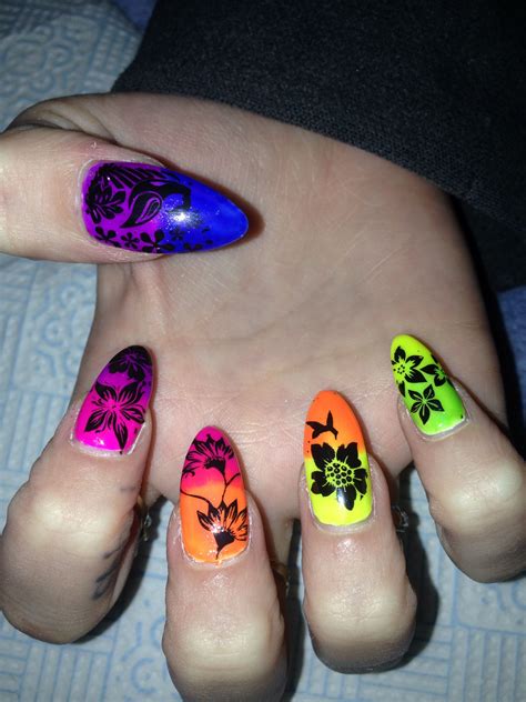 Tropical neon ombre acrylic nails with gel polish and moyou stamping ...