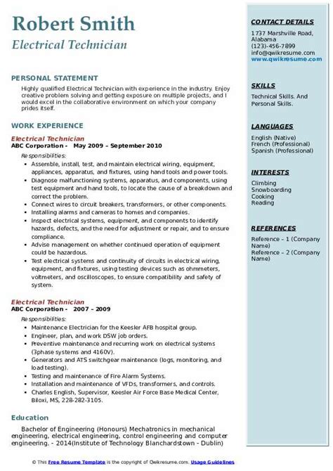 Electrical Technician Resume Samples | QwikResume