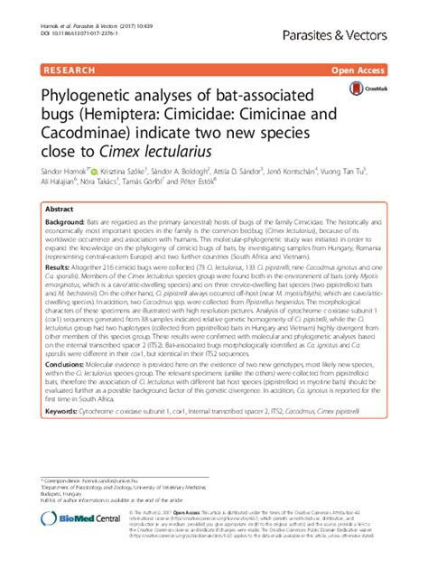 (PDF) Phylogenetic analyses of bat-associated bugs (Hemiptera: Cimicidae: Cimicinae and ...