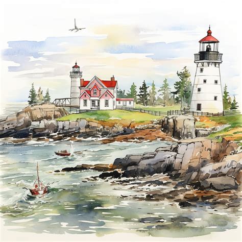 Watercolor Harbor Lighthouse Art Free Stock Photo - Public Domain Pictures