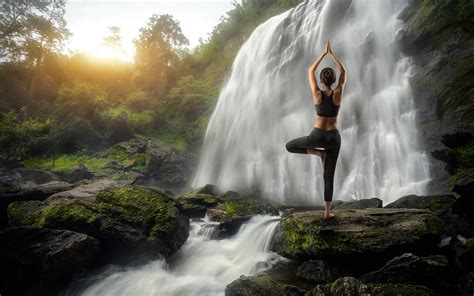 Pictures Yoga Girls Nature Waterfalls 1920x1200