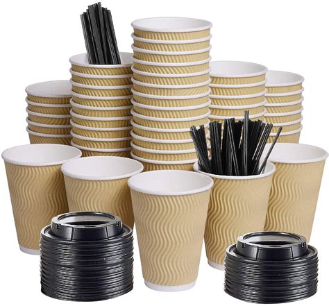 12oz 100 Packs Insulated Kraft Ripple Wall Disposable Paper Coffee Cups for Office Parties Home ...