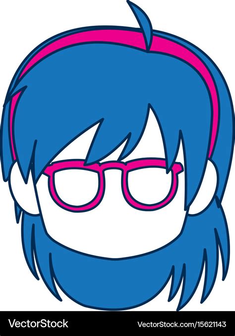 Chibi anime girl face blue hair glasses Royalty Free Vector