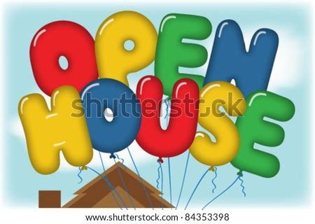 Open House Balloons In Blue Sky Over A House Rooftop Postcard Stock ...