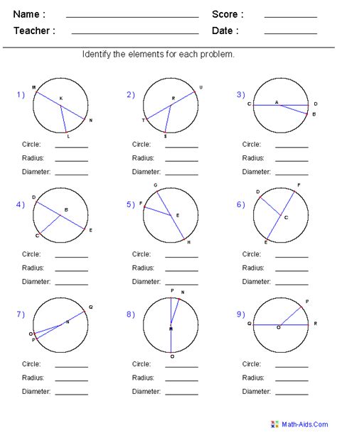 Circle Worksheets Chord Diameter Radius