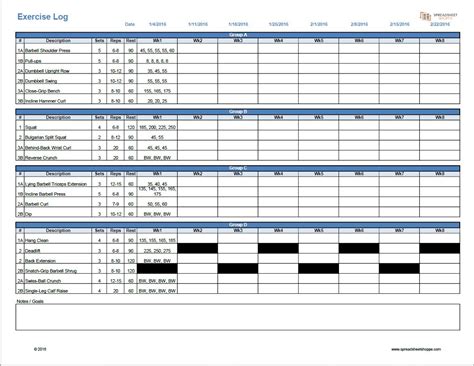 Workout Log Template - Spreadsheetshoppe