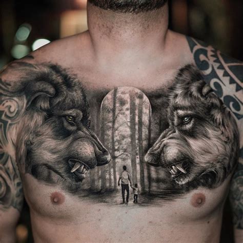 Wolves & Woods | Chest tattoo men, Cool chest tattoos, Wolf tattoos men