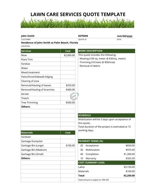 [Free] Lawn Care Services Quotation Excel Template